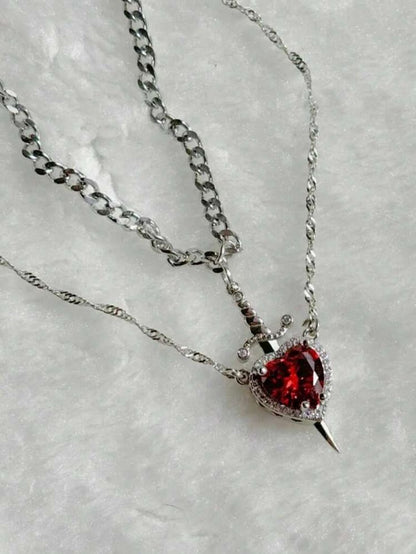 Charmora Bond & Blade Couple Necklace Set — Heart & Sword in Gold or Silver Stainless Steel with Crystal Shine — The Gift That Says “Always”.