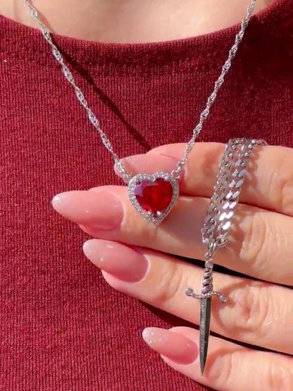 Charmora Bond & Blade Couple Necklace Set — Heart & Sword in Gold or Silver Stainless Steel with Crystal Shine — The Gift That Says “Always”.